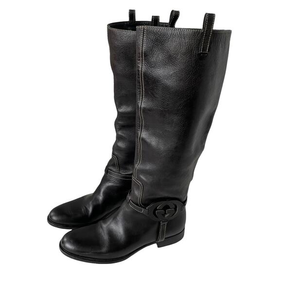 Gucci Interlocking G Logo Tall Riding Boots Knee Leather Black 7 GUC - Picture 12 of 16